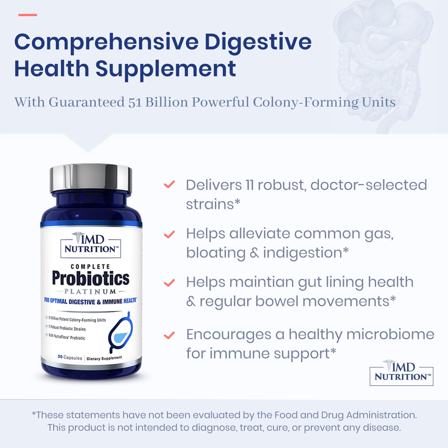 Side view of the 1MD Complete Probiotics Platinum bottle on a countertop