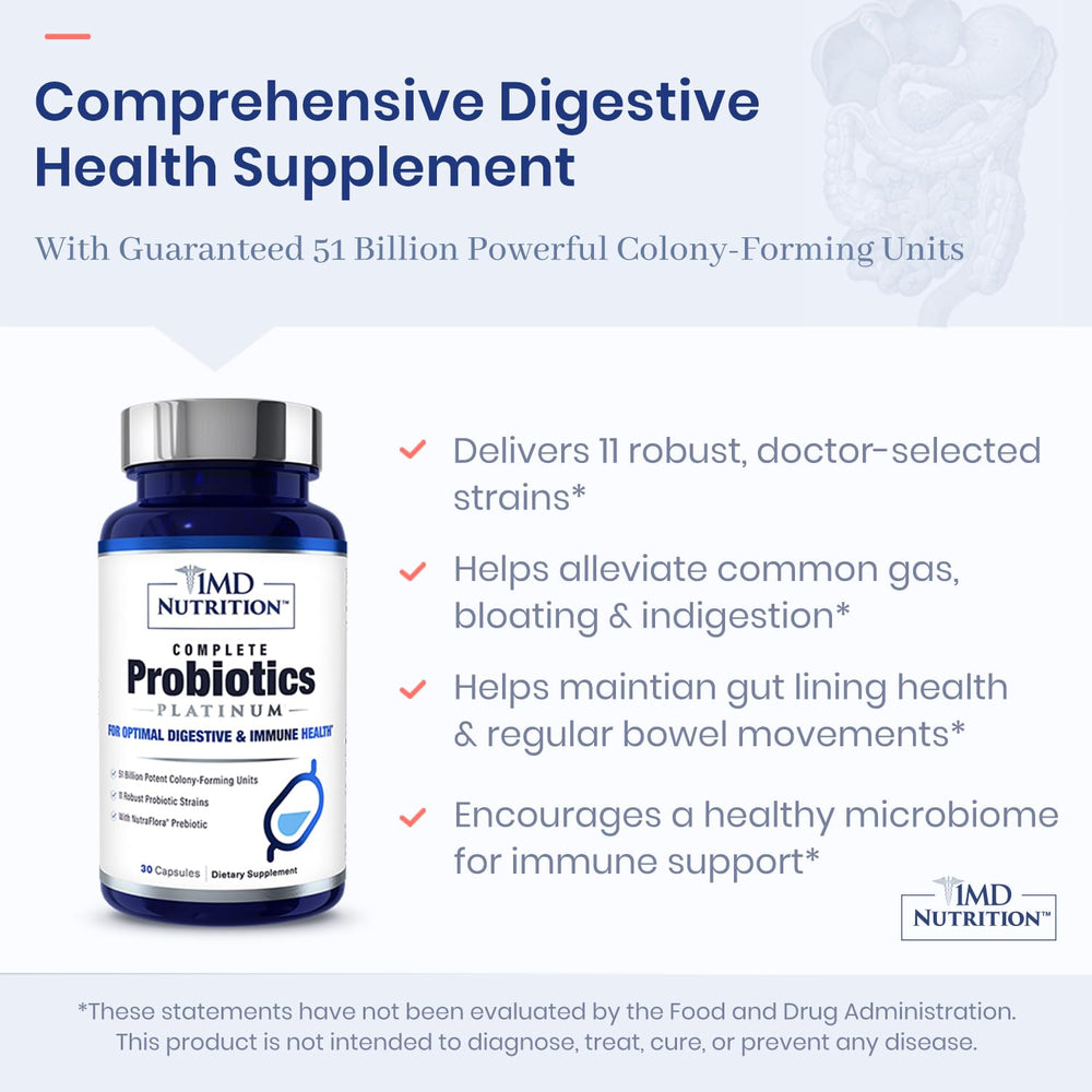 Side view of the 1MD Complete Probiotics Platinum bottle on a countertop