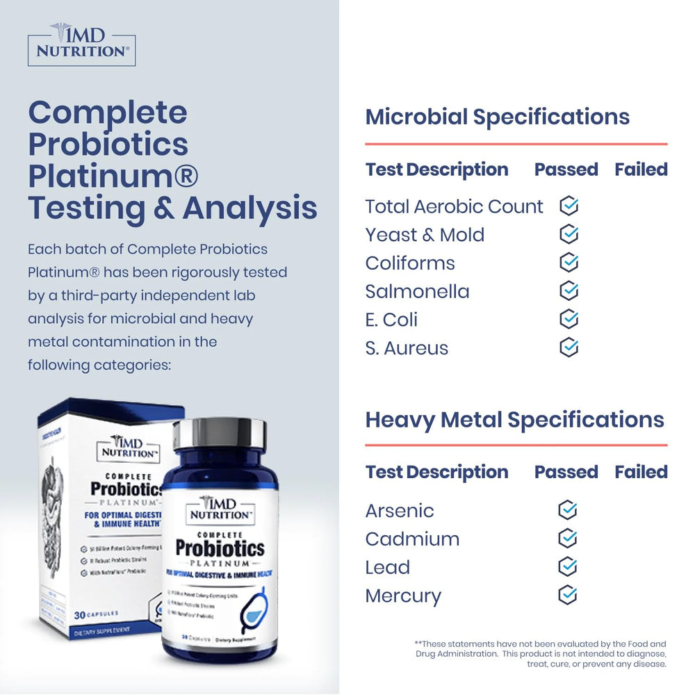 Close-up of 1MD Complete Probiotics Platinum capsules highlighting dairy-free formula