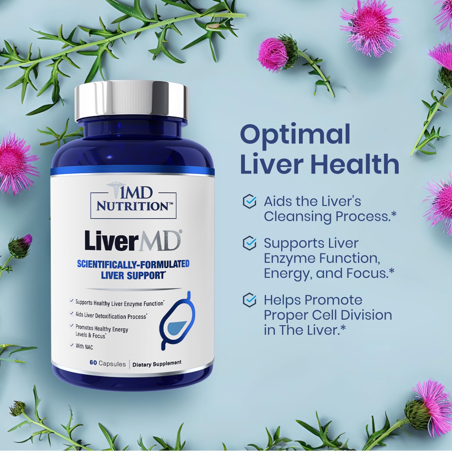 1MD LiverMD bottle back with ingredients and dosage information for informed use