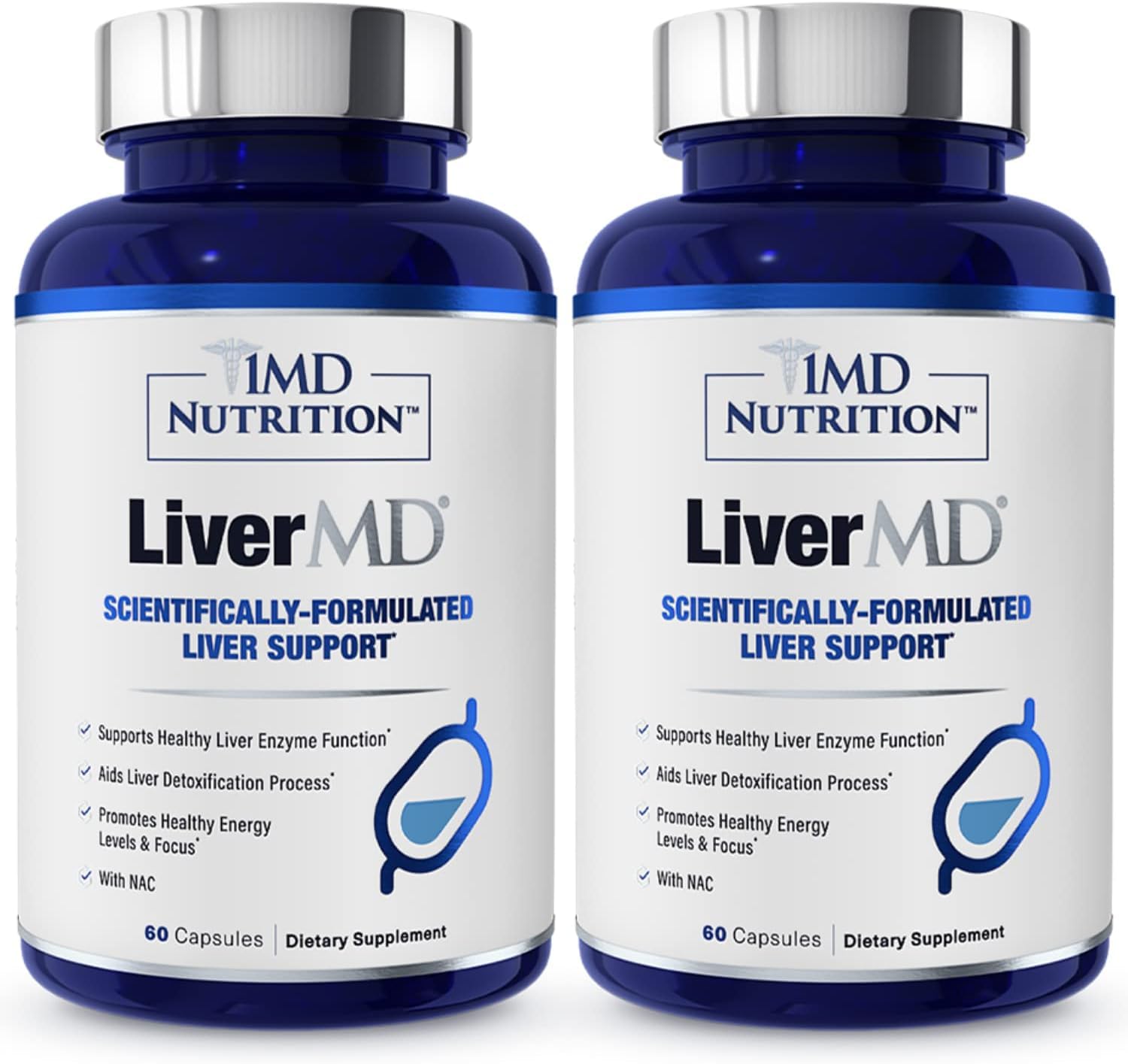 1MD LiverMD bottle front shows a two-pack with capsules for liver support