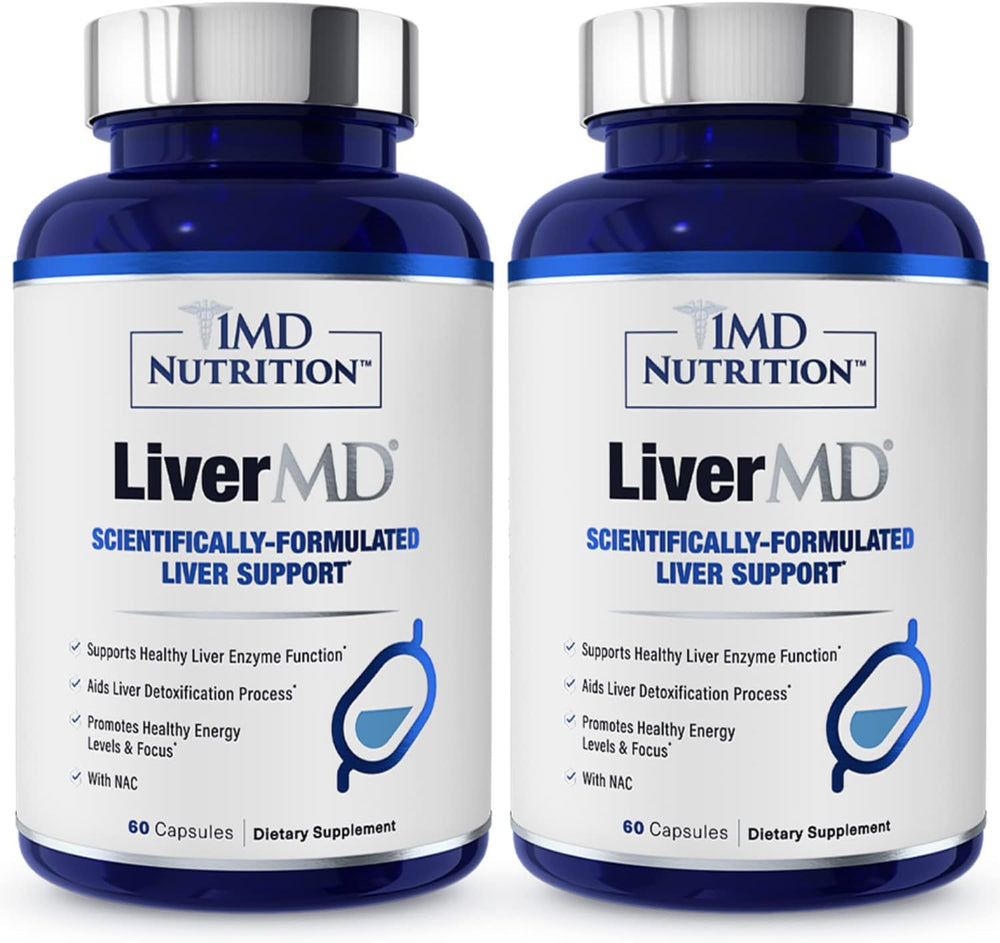1MD LiverMD bottle front shows a two-pack with capsules for liver support