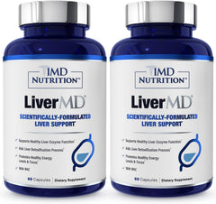 1MD LiverMD bottle front shows a two-pack with capsules for liver support