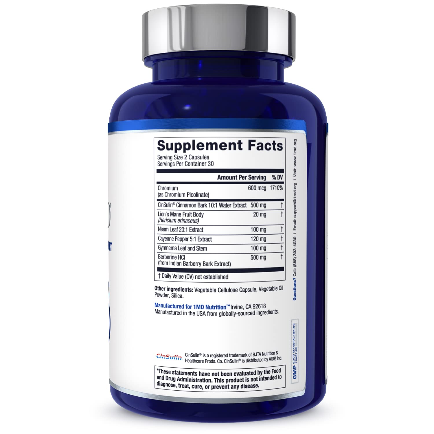 1MD Nutrition bottle with dosage information – easy to add to daily schedule