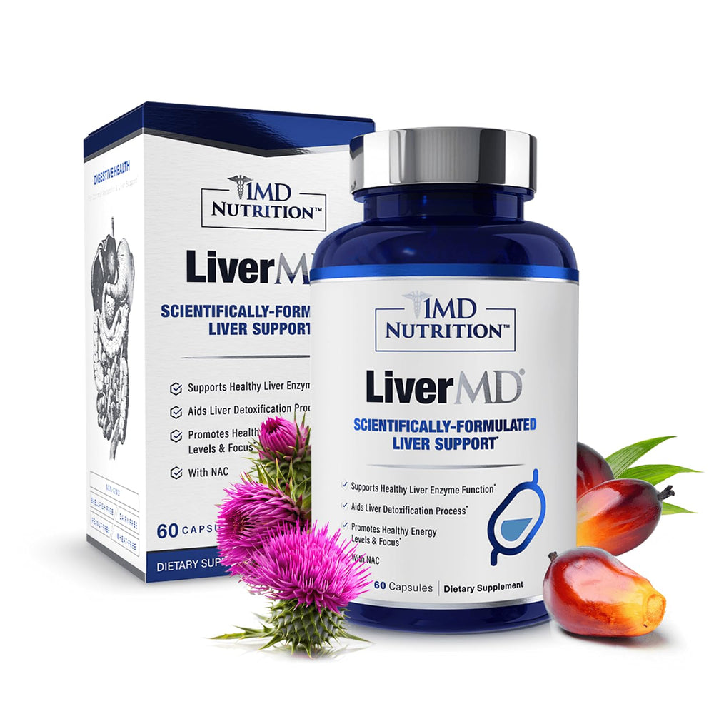 LiverMD bottle front view signaling liver support and daily energy balance.