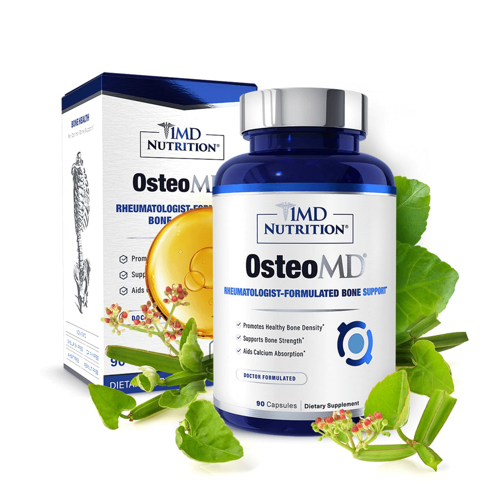 1MD Nutrition OsteoMD bottle front promoting bone support ingredients.
