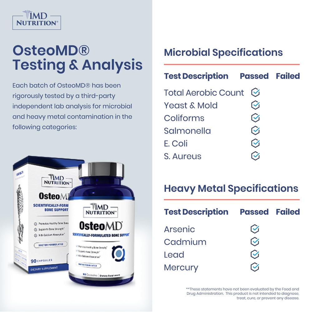 OsteoMD label detail highlighting vitamin D3 and K2 for bone support.