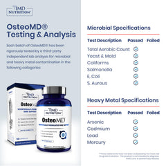 OsteoMD label detail highlighting vitamin D3 and K2 for bone support.