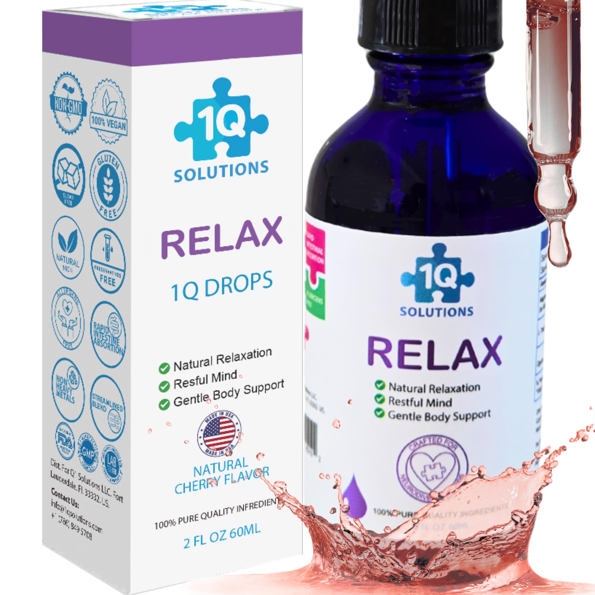 1Q Relax bottle with dropper supports calm for kids during nightly routines.