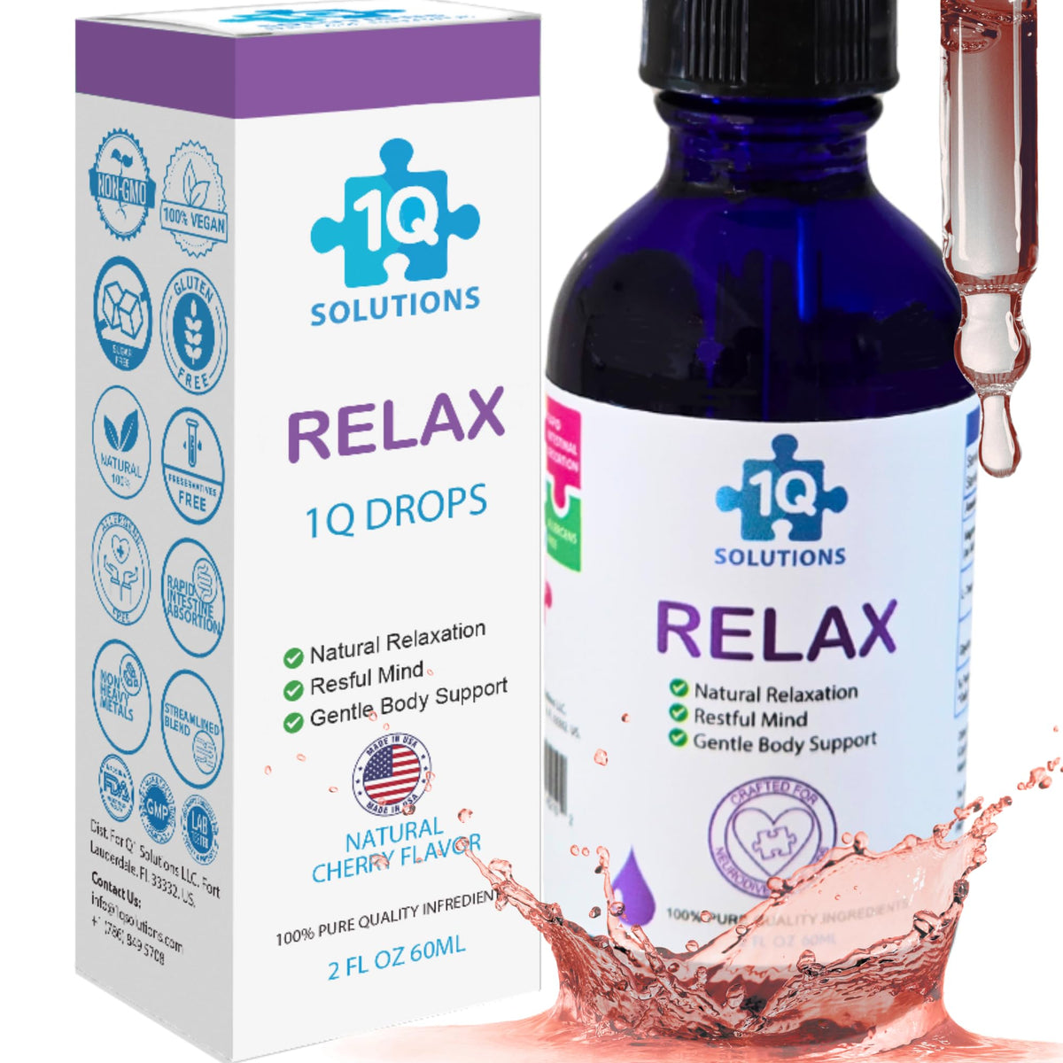 1Q Relax bottle with dropper supports calm for kids during nightly routines.
