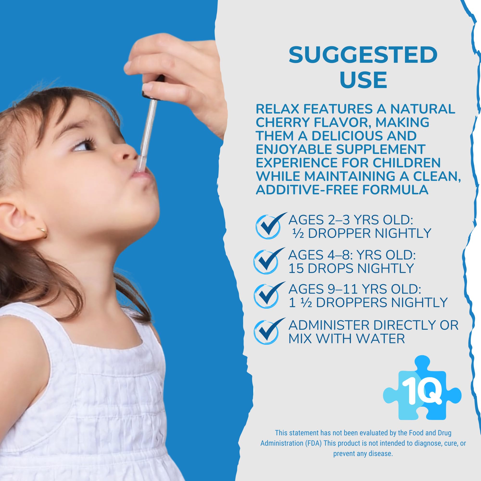 1Q Relax drop being mixed into juice for kid-friendly intake.
