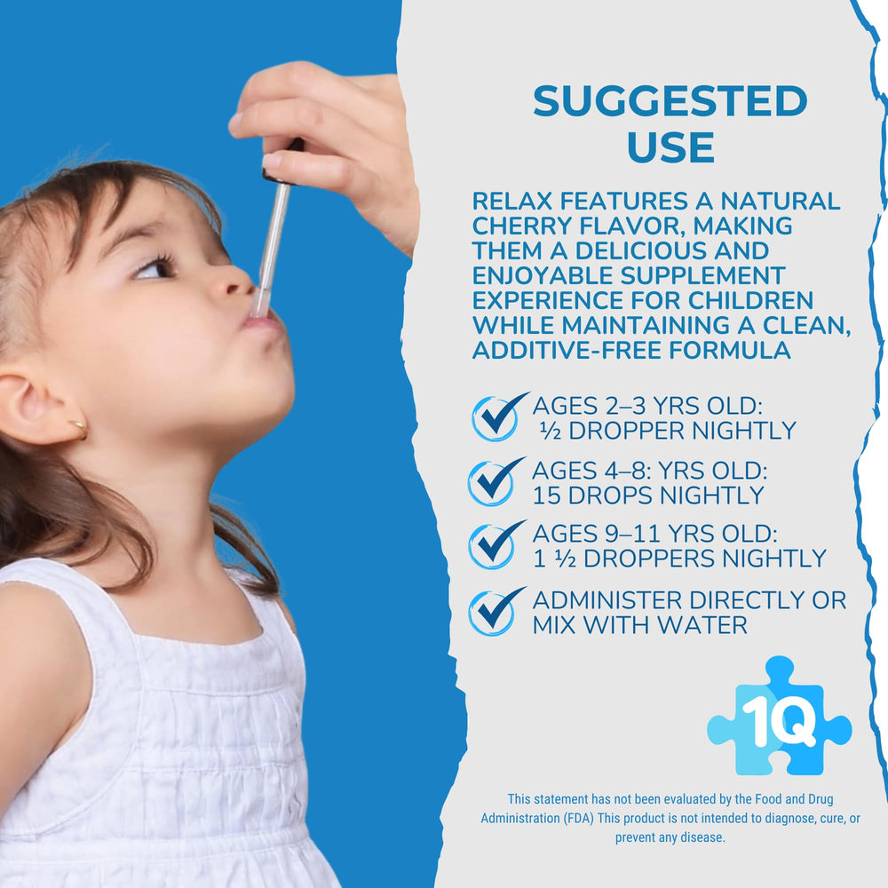 1Q Relax drop being mixed into juice for kid-friendly intake.