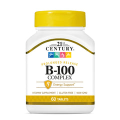 21st Century B-100 Complex caplets bottle-front highlighting extended release for steady nutrients