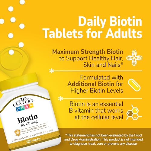 Label close-up featuring 21st Century Biotin tablets and unflavored formula.
