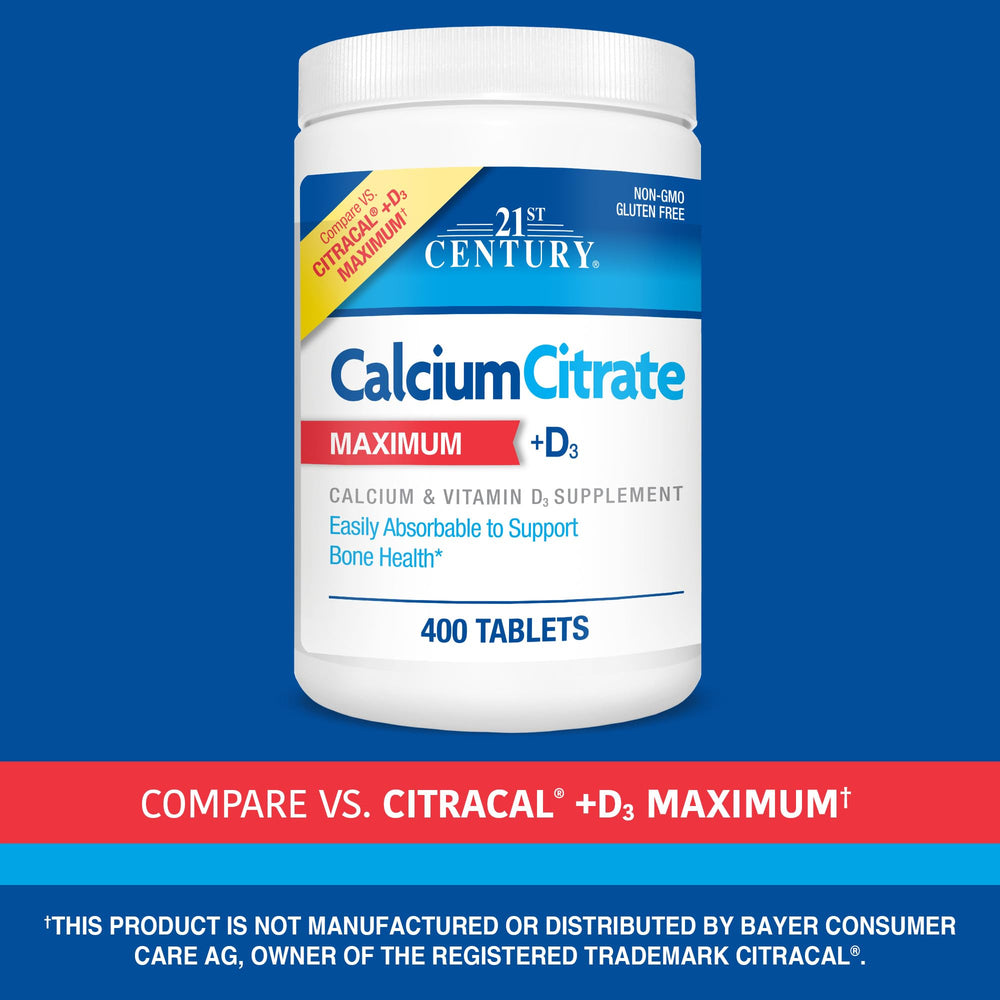 21st Century Calcium Citrate Plus D3 bottle with D3 icon emphasizing enhanced absorption.