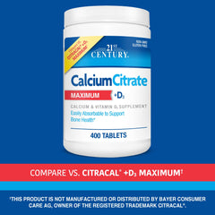 21st Century Calcium Citrate Plus D3 bottle with D3 icon emphasizing enhanced absorption.