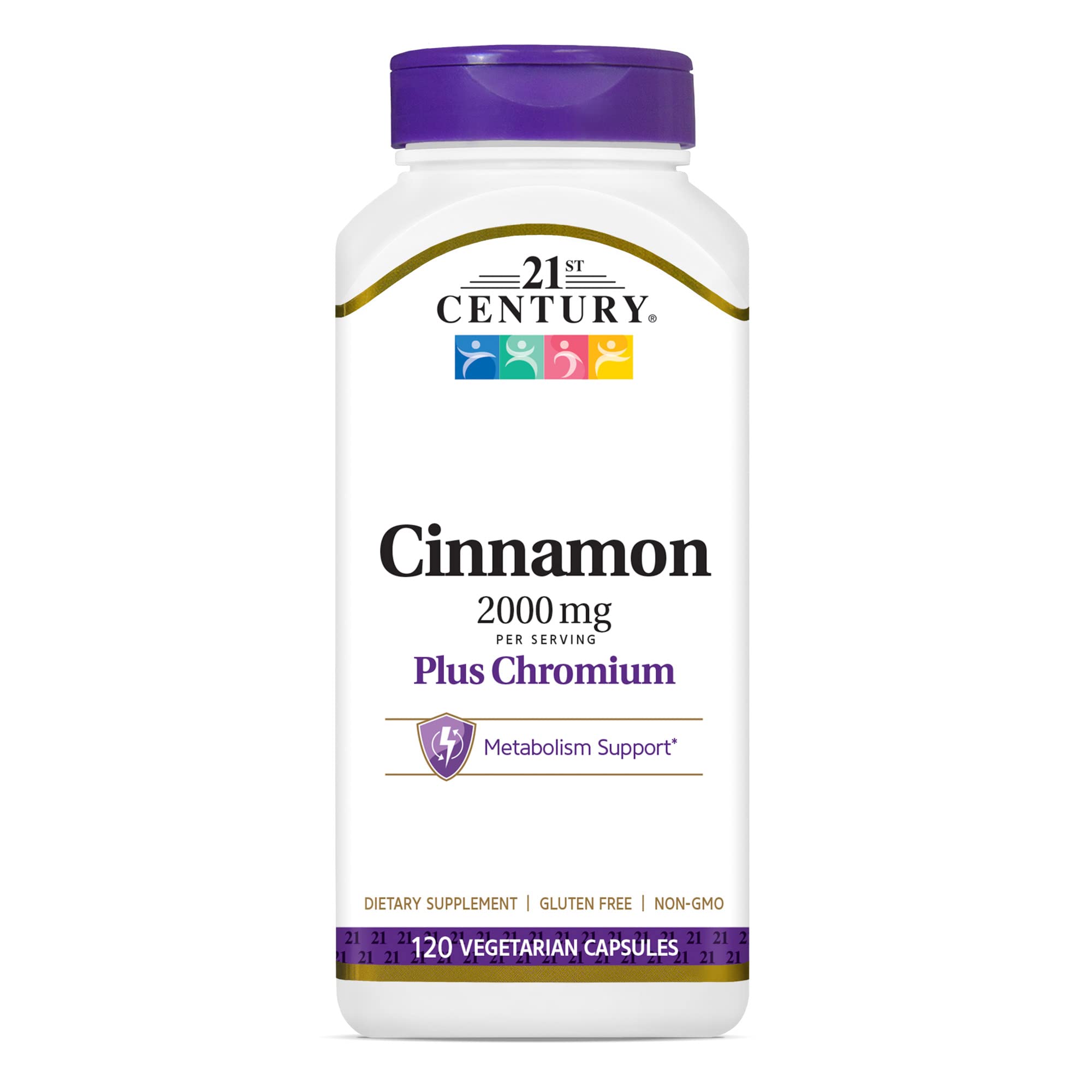 21st Century Cinnamon Plus Chromium bottle shown for daily metabolism support in a gluten-free formula.
