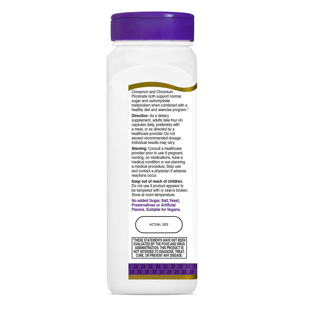 Usage depiction of four capsules daily from 21st Century Cinnamon Plus Chromium bottle.