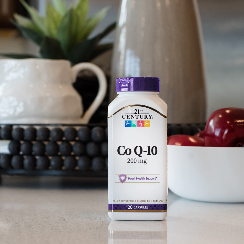 Closeup of 21st Century CoQ10 capsules emphasizing heart health support potential