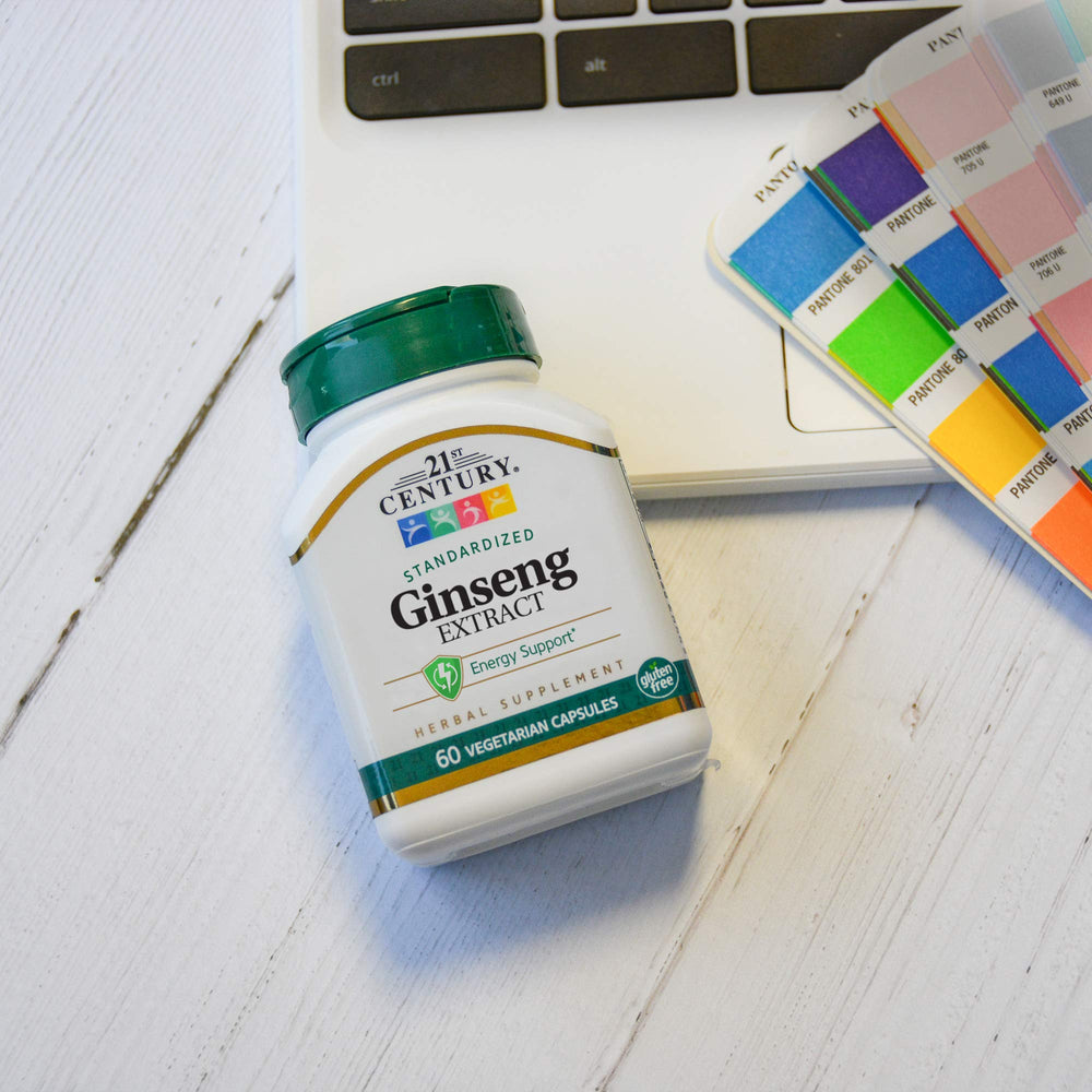 21st Century Ginseng Extract veg capsules label closeup noting gluten free and vegetarian.