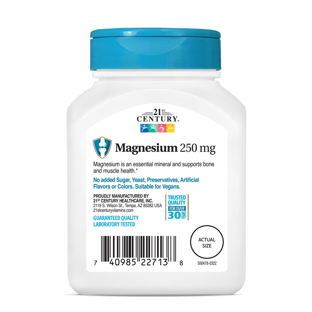 21st Century Magnesium 250 mg tablets bone and muscle support—part of a balanced lifestyle.