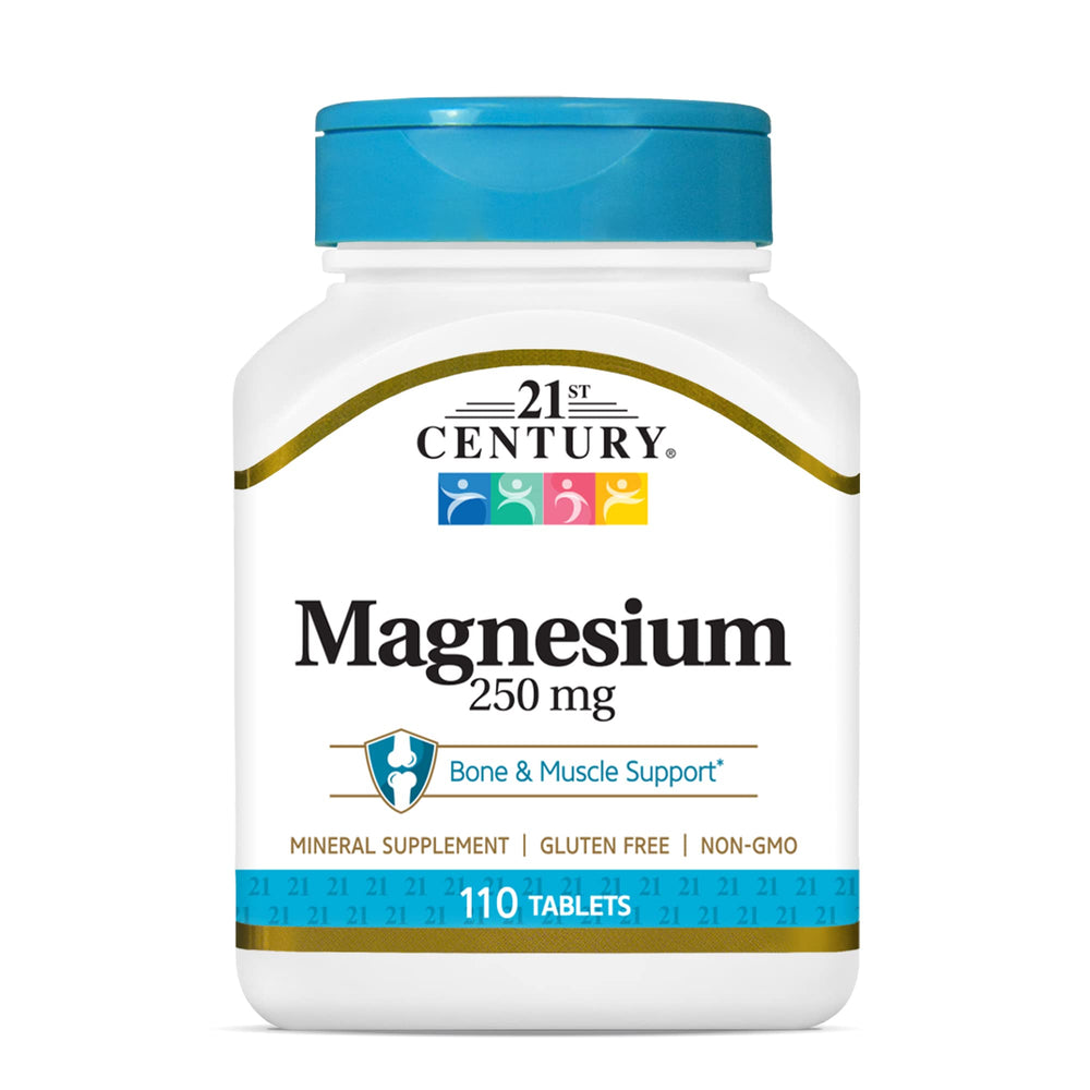 21st Century Magnesium 250 mg tablets bottle for daily energy support in a gluten-free supplement.