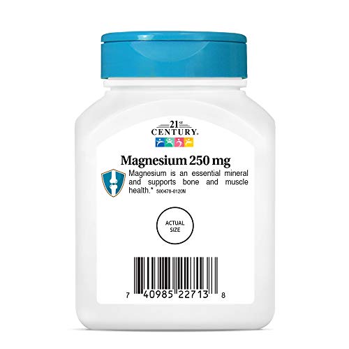 21st Century Magnesium 250 mg tablets closeup—compact pills designed for easy swallowing.