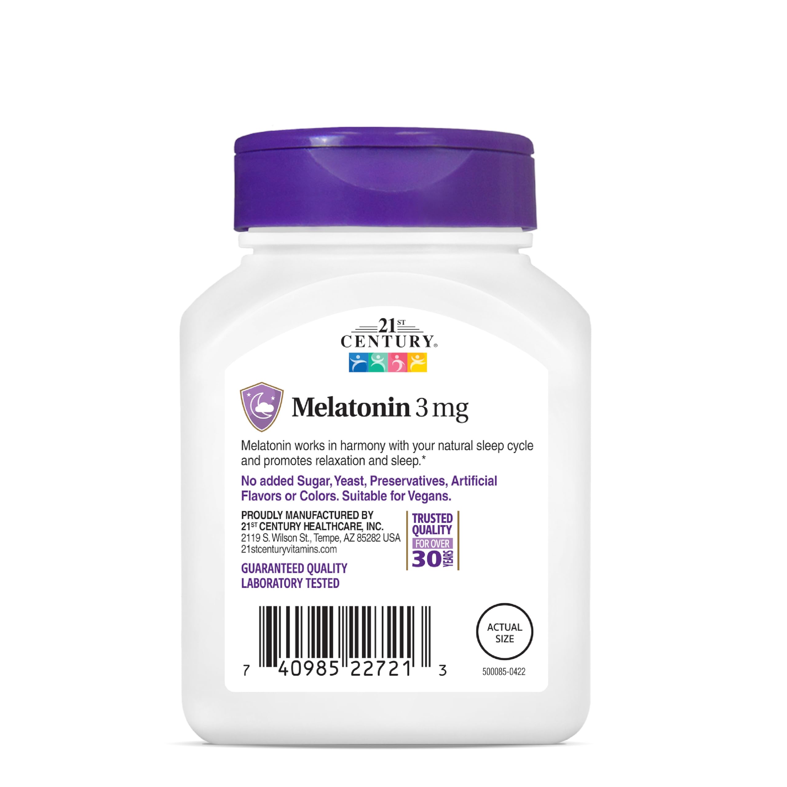 Nightstand scene with 21st Century Melatonin 3 mg tablets for bedtime routine.