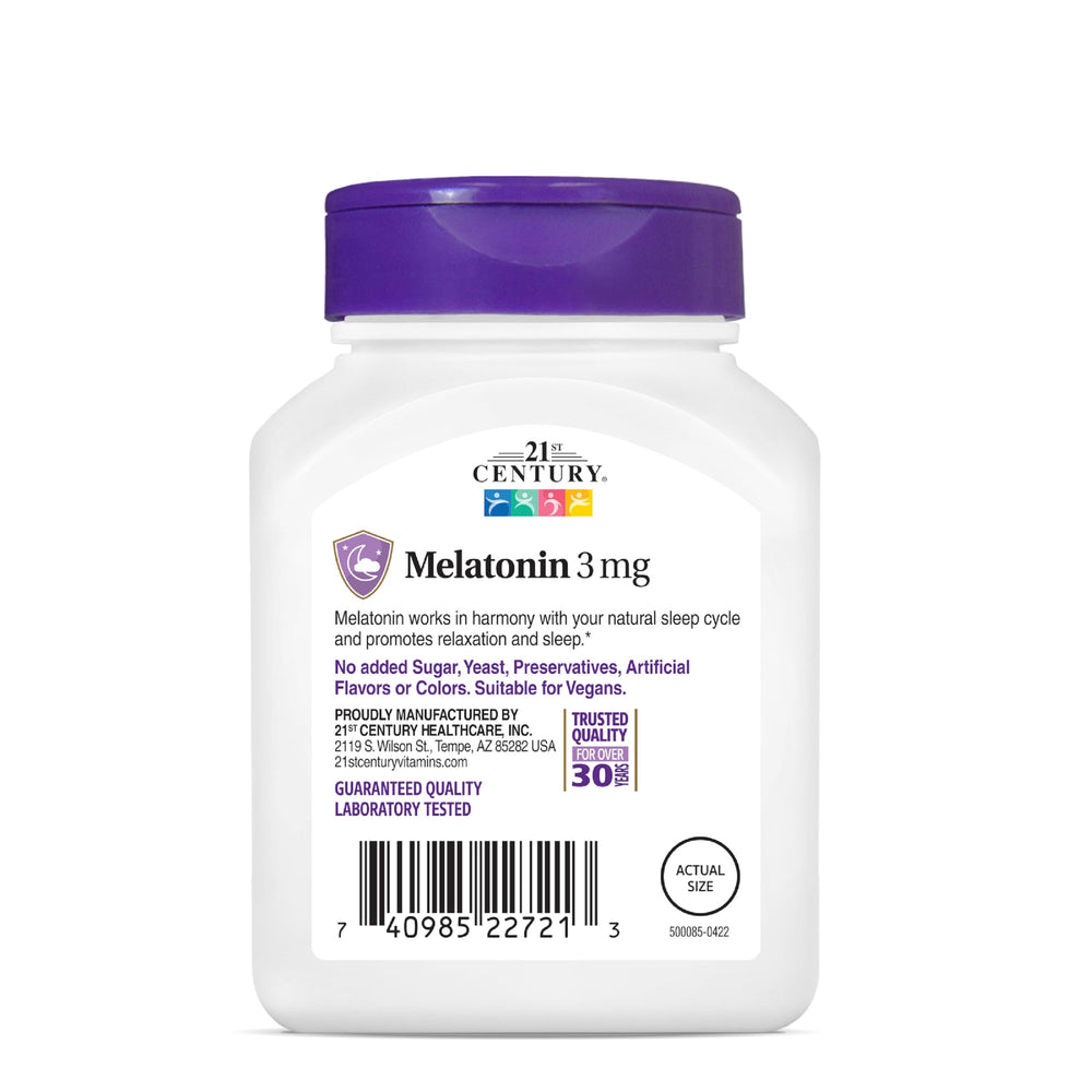 Nightstand scene with 21st Century Melatonin 3 mg tablets for bedtime routine.