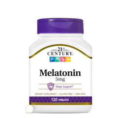 21st Century Melatonin 5 mg tablets front label shows purity and sleep support