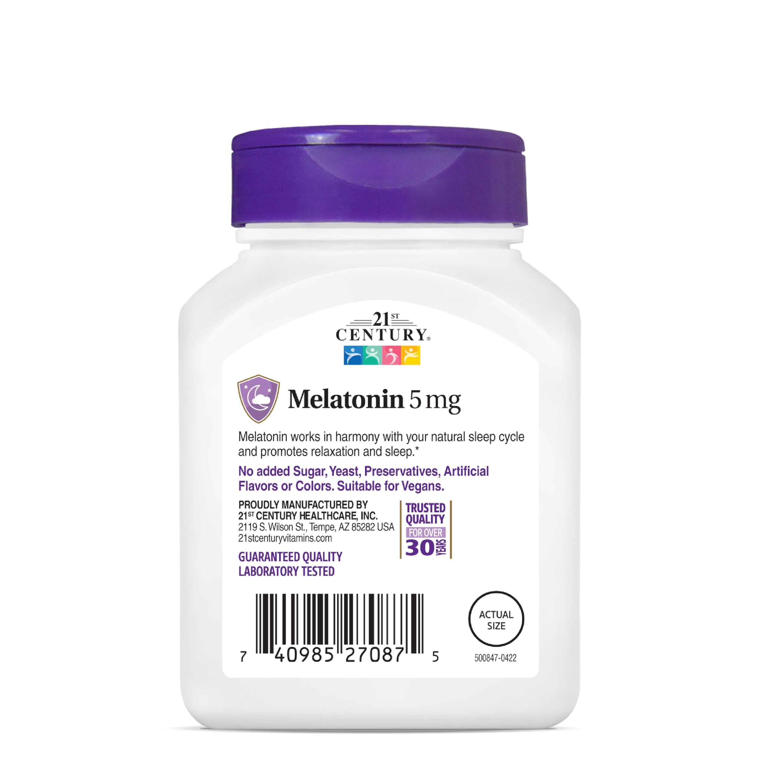 21st Century Melatonin 5 mg no artificial colors supports clean labeling