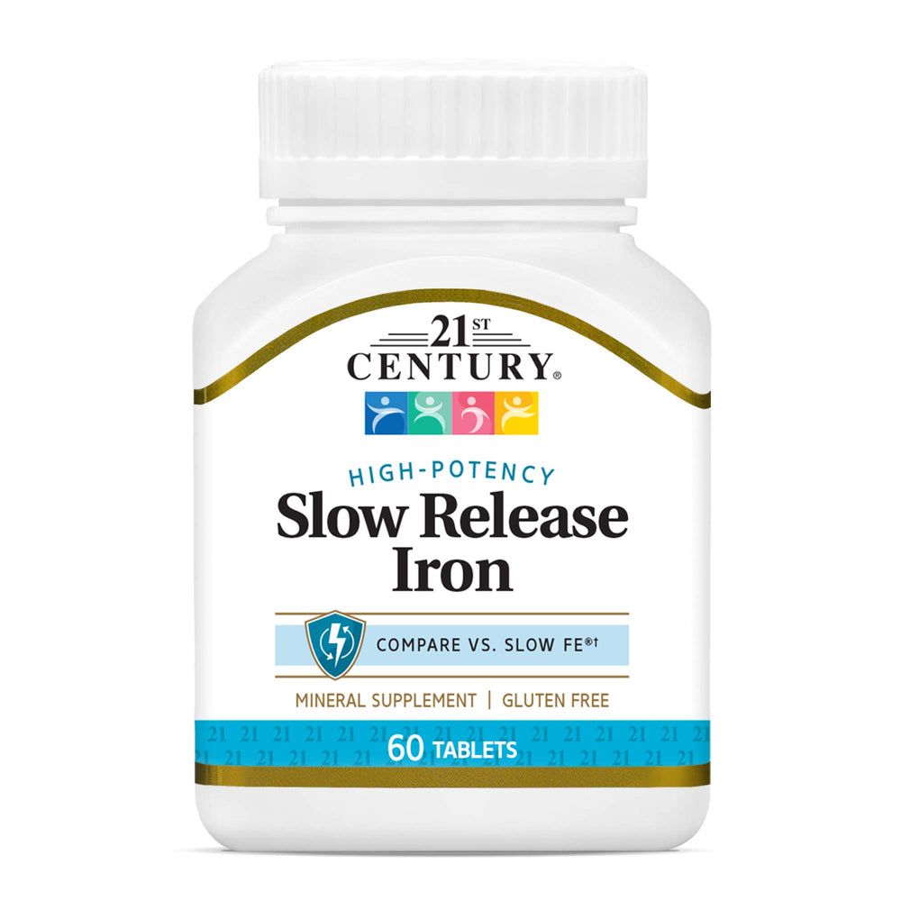 21st Century Slow Release Iron Tablets bottle closeup showing gentle iron for daily wellness.