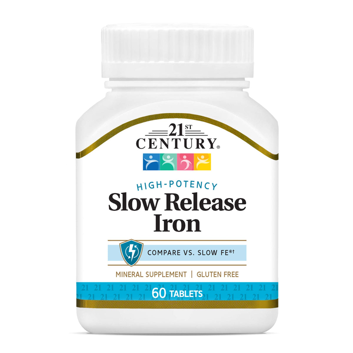 21st Century Slow Release Iron Tablets bottle closeup showing gentle iron for daily wellness.