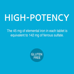 21st Century Slow Release Iron Tablets label closeup highlights purity and potency.