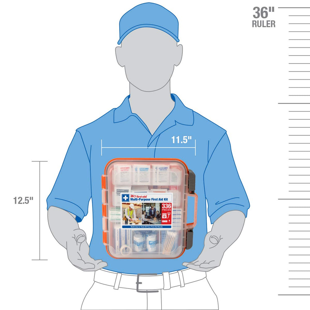 336-piece contents inside 24/7 First Aid kit for essential care.