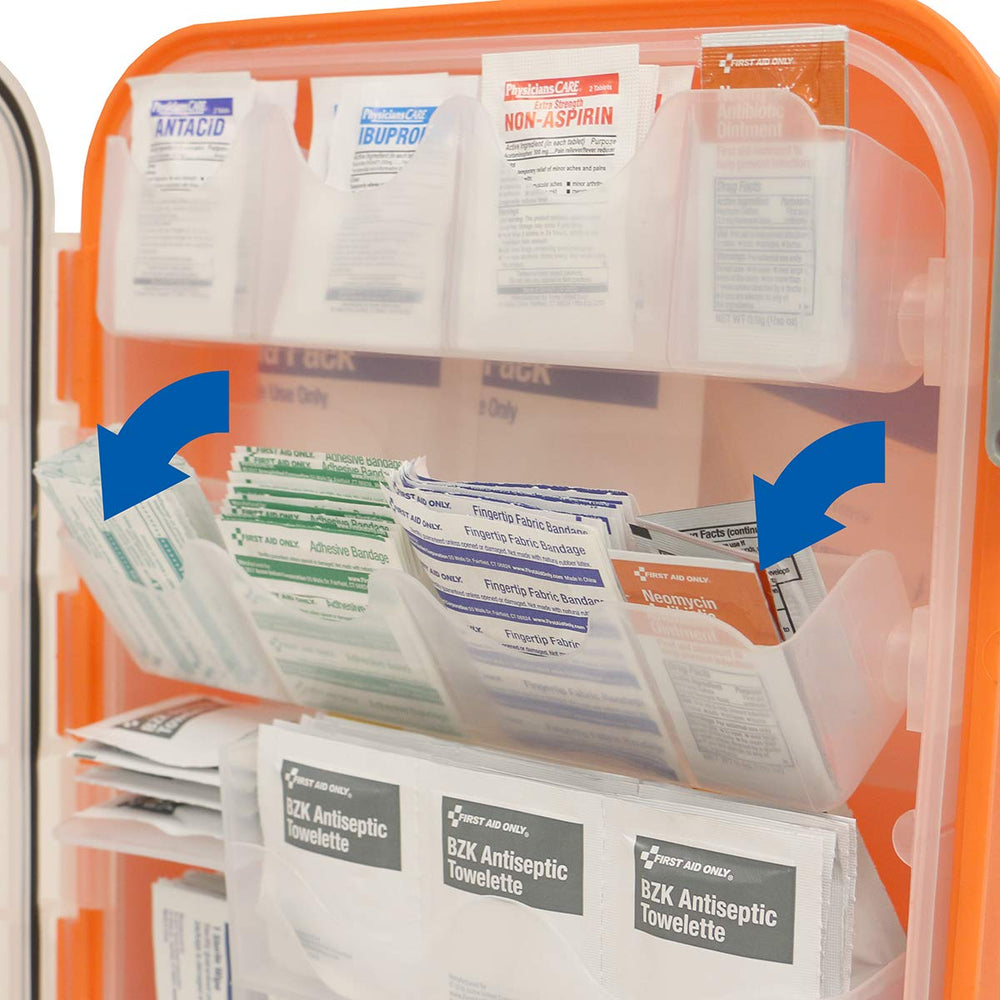 24/7 First Aid kit features clear cover for rapid item location.