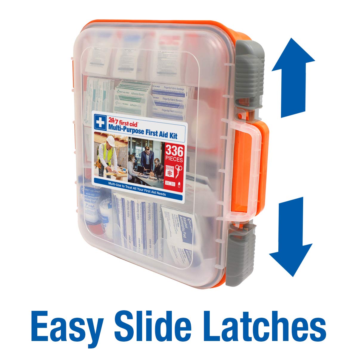 Clear compartments and labeled storage in 24/7 First Aid kit.