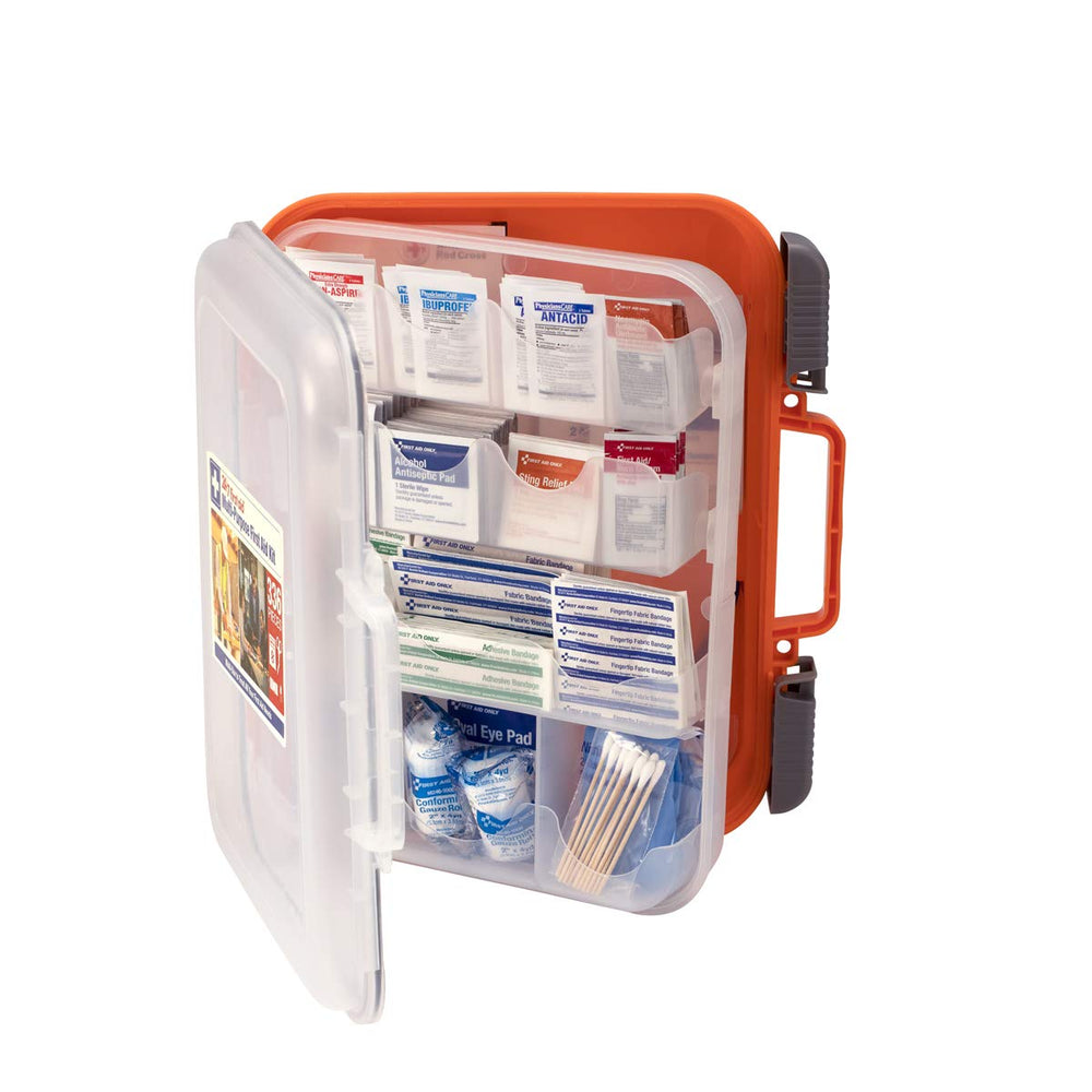 Durable plastic case by 24/7 First Aid keeps supplies organized.