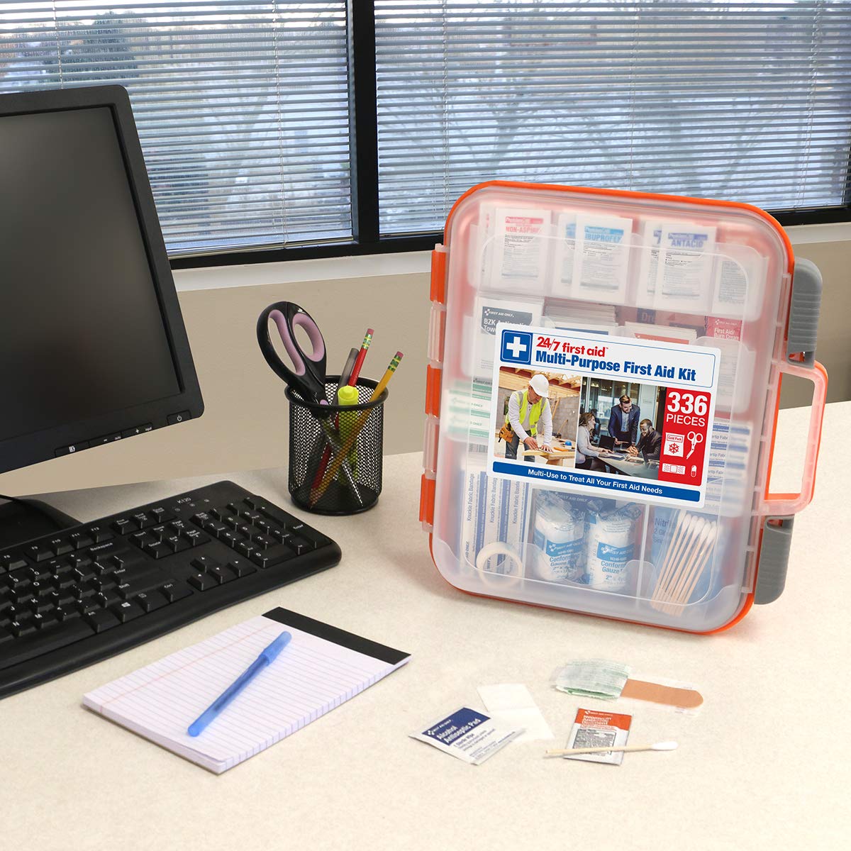 Portable 24/7 First Aid kit suitable for car, office, or school.