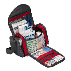Open bag shows organized compartments for fast on-field access with 24/7 First Aid kit.
