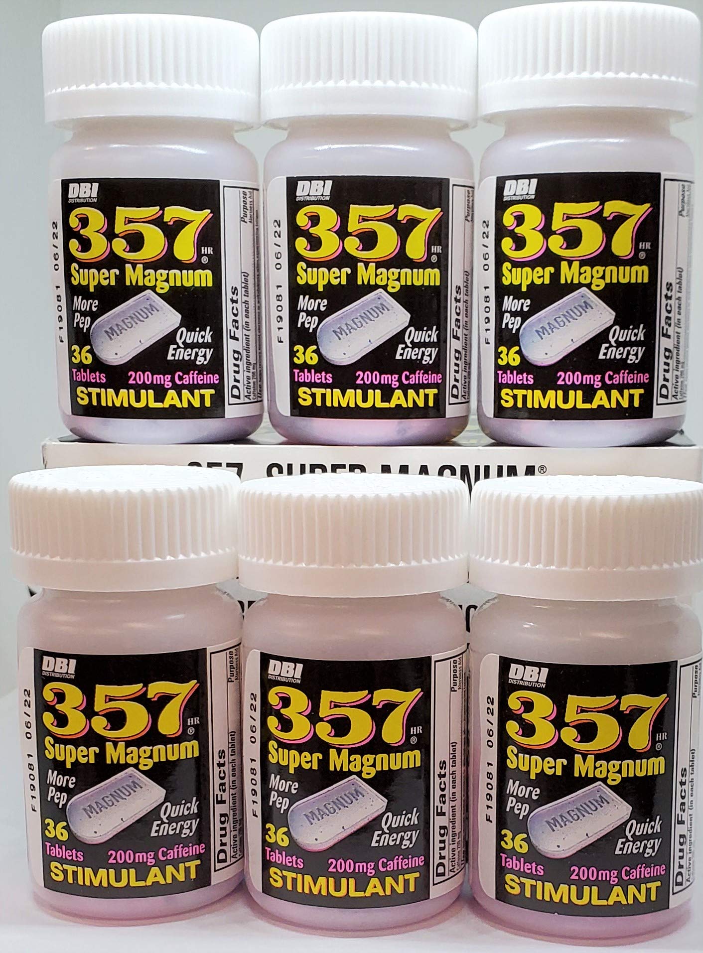 Close-up of 357 Magnum caffeine tablets for quick energy.
