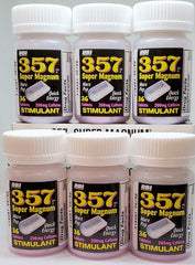 Close-up of 357 Magnum caffeine tablets for quick energy.