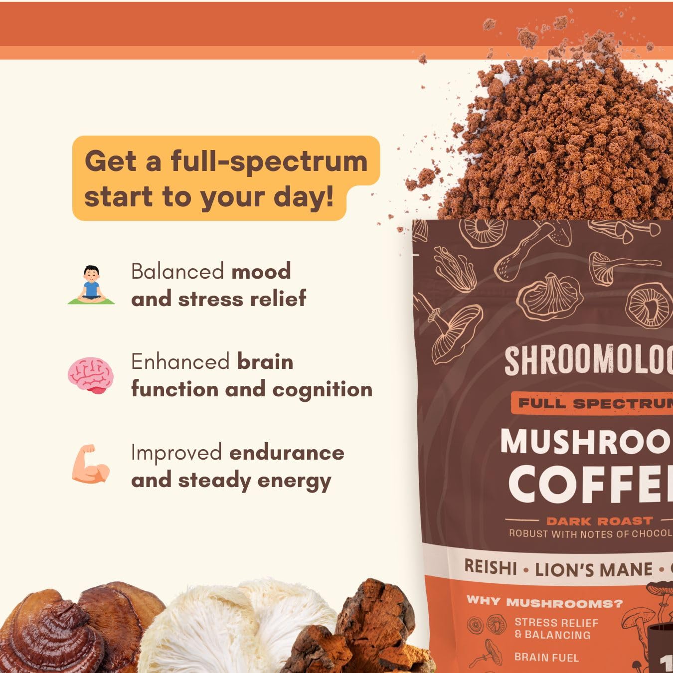 360 Nutrition instant mushroom coffee in a steaming mug ready for a quick cup.