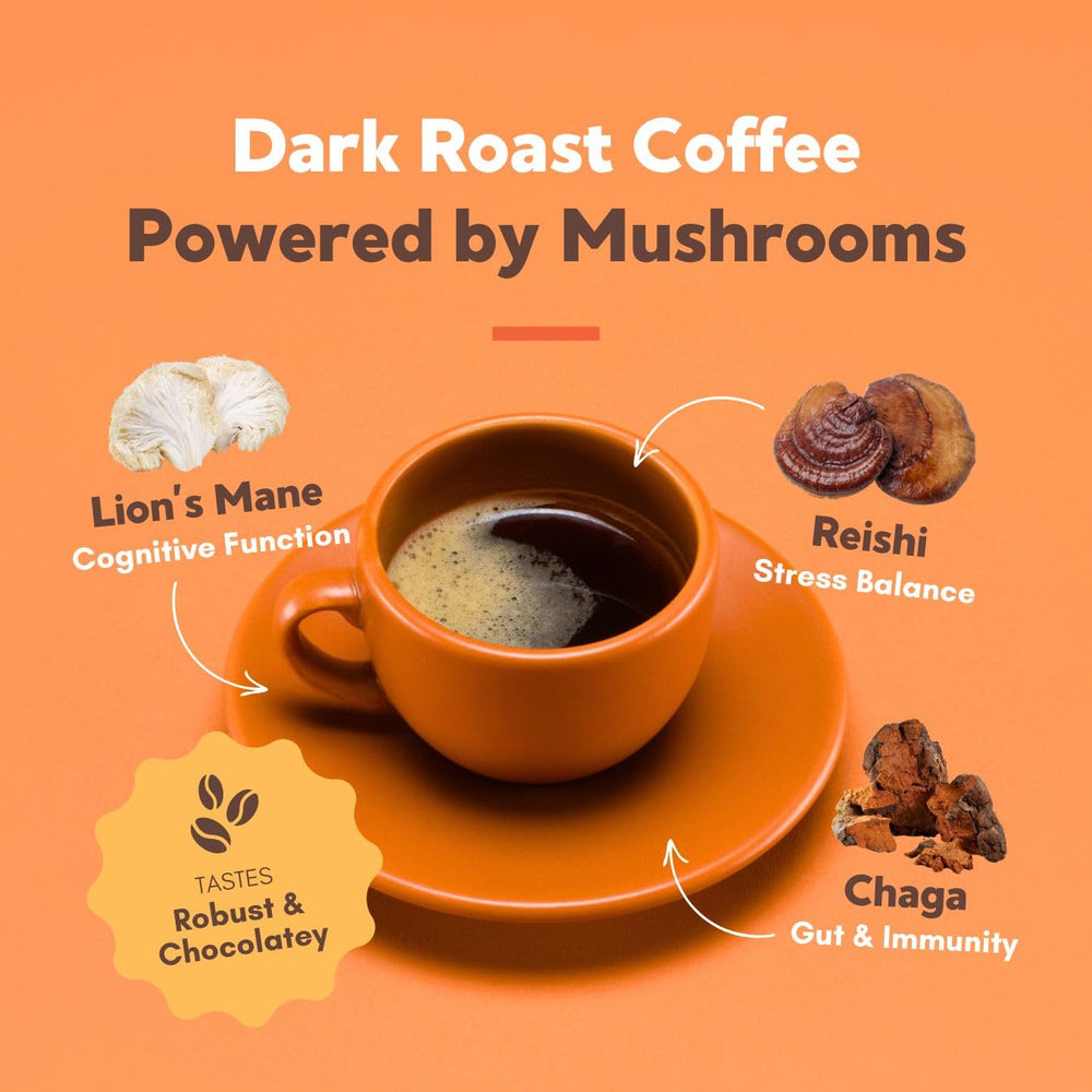 360 Nutrition instant mushroom coffee chaga close-up signals natural energy support.