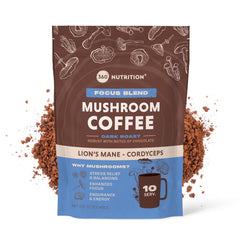 360 Nutrition Instant Mushroom Coffee cup showing cordyceps, lion's mane, and ashwagandha for focus