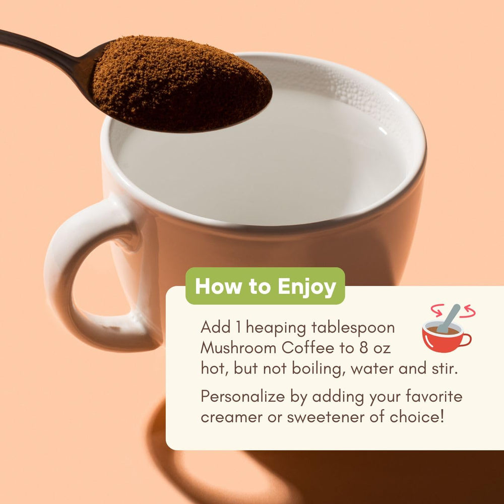 360 Nutrition Instant Mushroom Coffee cozy-desk scene suggests focused morning routine