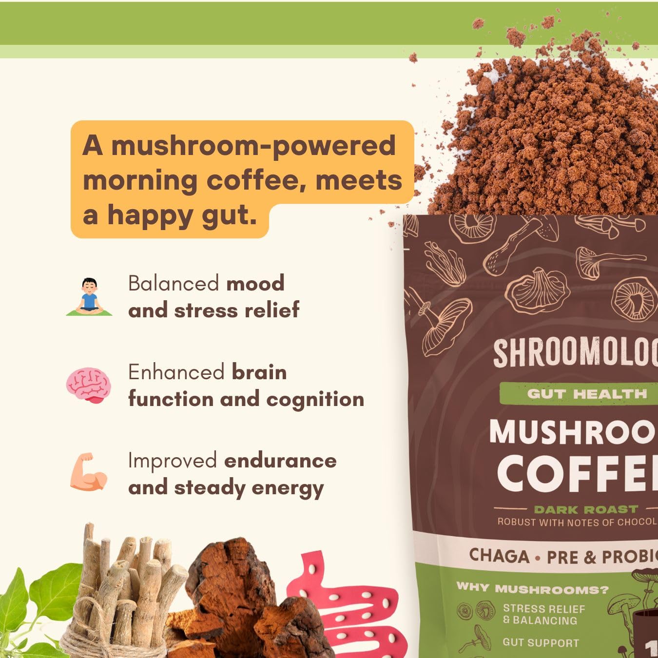 360 Nutrition Instant Mushroom Coffee ingredients label reveals chaga and prebiotic blend