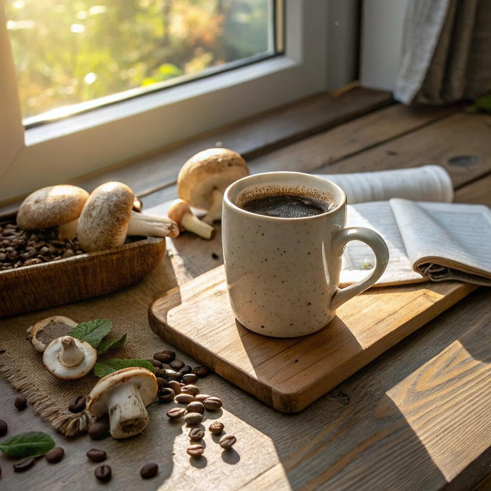 360 Nutrition instant mushroom coffee lion's mane close-up suggests cognitive clarity potential.