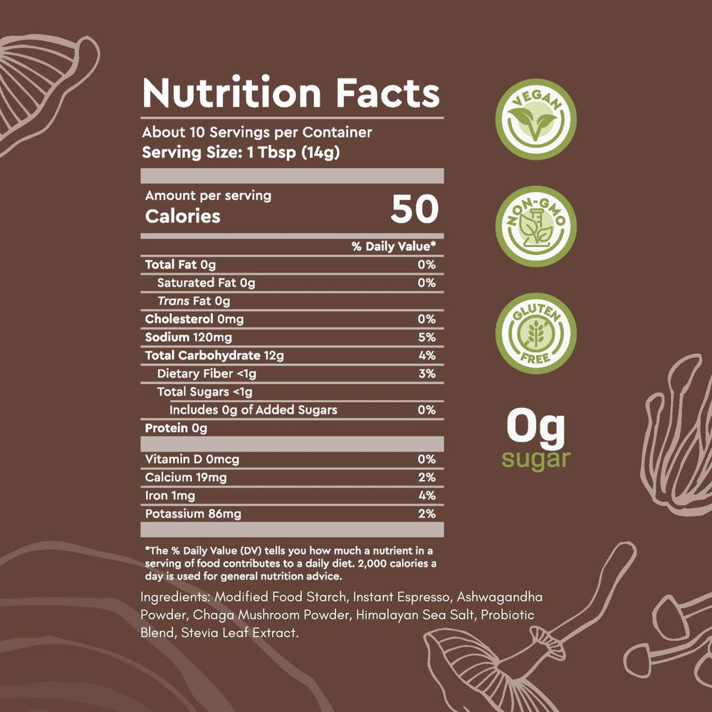 360 Nutrition Instant Mushroom Coffee mug-shot emphasizes bold dark roast with chocolate notes