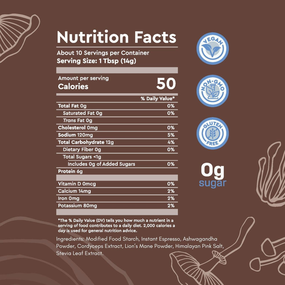360 Nutrition instant-mushroom-coffee-packaging close-up showing dark roast and no added sugar